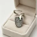 Unique silver snake nail shield ring featuring cubic zirconia in a beige velvet gift box - Snake Green Eye Pave Nail Ring (11267)