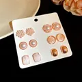 Elegant 6-pair set of rose gold pearl and geometric stud earrings displayed on white card - Minimalist Rectangle/Pearl Cluster (24# Silver Earring Post)