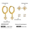 Waterproof gold plated stainless steel earrings set with detailed size and weight info - Clover Flower Zirconia Earring Set (JDE0201327) / Gold