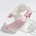 Elegant pink satin top knot headband with wide white textured lining for women - Knotted Simple Style / Pink