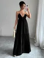 Elegant black tiered spaghetti strap maxi dress with a deep V-neckline for women - S / Black