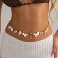 Catena da vita bohémien dorata con stelle marine, conchiglie e perle per look da spiaggia - Ciondolo Combo Elementi Marini (Oro-02110)