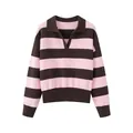 Pink and brown striped long-sleeve knit sweater with a polo collar and V-neck - S / Brown Collar
