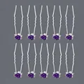 Set of 10 silver U-shaped hairpins with purple rose and sparkling rhinestone details - Purple Small Flower Luxury (HS-J6513PURPLE)