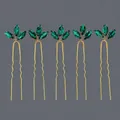 Set of 5 gold U-shaped hairpins with green leaf crystals for bridal bun styling accessories - Green Versatile Style (HS-J7139GGREEN)