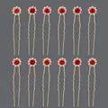 Set of 12 gold U-shaped hair pins with sparkling red floral rhinestone crystals - Simple Red Small Flower (HS-J3841GHRED)