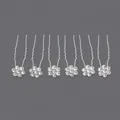 Set of 6 silver flower hairpins with sparkling rhinestones for bridal or daily buns - Luxury Banquet Versatile Hairpin (HS-J6014)