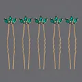 Set of five gold-toned U-shaped hairpins featuring emerald green crystal floral tops. - Green Clover Style (HS-J7281GGREEN)