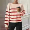 Women's casual long-sleeved striped knit sweater in pink and red - S / Red Apricot Striped