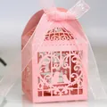 Elegant pink laser-cut bird cage candy box with ribbon for romantic wedding party favors - 5*5*8CM / Pink