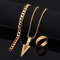 Gold hip-hop jewelry set including arrow pendant necklace, bracelet, and ring set - 6026 Solid Arrow 3-Piece Set / Gold