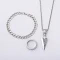 Vintage silver hip hop jewelry set featuring arrow pendant necklace curb chain bracelet and ring - Three-Piece Arrow Collection (6018) / Silver