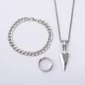 Vintage silver hip-hop jewelry set featuring a pendant necklace, bracelet and ring - Three-Piece Arrow Collection (6022) / Silver