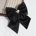 Elegant large black satin bow hair clip with pearl and rhinestone decoration for women. - Black