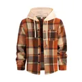 Men's casual hooded plaid shirt in orange and brown pattern with cream hood drawstring - Apricot