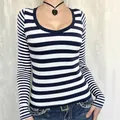Slim fit women's long sleeve T-shirt with classic navy and white stripes and U-neck. - XS / Blue & White