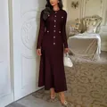 Elegant burgundy long-sleeved knitted maxi dress with shiny gold buttons decoration - S / Burgundy