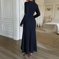 Elegant navy blue long-sleeved textured maxi dress with a slim fit back view - S / Navy Blue
