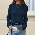 Elegant navy blue long-sleeved knitted sweater for women, perfect casual autumn fashion - S / Navy Blue