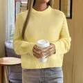 Pull en maille jaune clair à col rond pour un look décontracté automne hiver chic - S / Jaune