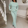 Elegant mint green two-piece casual set featuring long-sleeved top and wide-leg pants - XS / Light Green