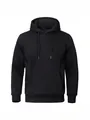 Front view of a plain black loose casual hooded pullover hoodie with a drawstring - Black