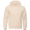 Detailed front view of a cream minimalist fleece hooded sweatshirt with a front kangaroo pocket - Beige