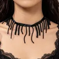 Detailed close-up of a Gothic black beaded tassel choker necklace with delicate silk band - Black Tassel Style (19962-silver)
