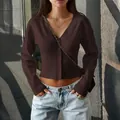 Casual women's slim fit brown button-down knitted cardigan sweater in solid color - XS / Brown