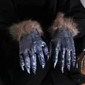 Realistic Halloween werewolf gloves featuring blue textured skin and brown faux fur - One Size / Black Wolf Claws