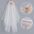 Elegant French style bridal veil featuring a golden floral ornament with pearls - Golden Floral Hair Accessory Layered Veil (HS-J7292G) / White