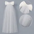 Elegant French style bridal white ribbon bow veil with scattered pearls and hair comb - Satin Bow Pearl Tulle (HS-J7463) / Cream