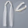 Elegant French style bridal hair vine featuring artificial pearls and a long white tulle veil - Handmade Pearl Woven Veil Headband (HS-J6434) / White