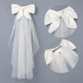 Elegant French style white satin bow bridal veil with delicate mesh and hair clip - Satin Large Bow Metal Clip Veil (HS-J6453)