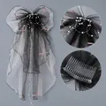 French sweet black and white mesh bridal veil with pink bows and pearls hair comb - Pink Ribbon Pearl Black White Tulle (HS-J7175BLK)