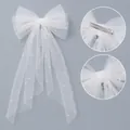 Elegant French style bridal white tulle bow hair clip with delicate pearl embellishments - Metal Duckbill Clip Pearl Ribbon Bow (HS-J7434)