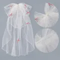White bridal veil with red ribbon bows and pearl details on grey background - Red Ribbon Pearl Layered Comb Veil (HS-J7175WHITE)