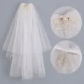 Elegant white tulle bridal veil with faux pearl and crystal bead embellishments - Golden Jewelry Decor Metal Comb Veil (HS-J7291G)