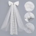 French style white bridal hair bow with long embroidered rose lace veil and pearls - Rose Embroidered Bow Metal Clip Veil (HS-J7406)