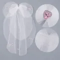 White tulle bridal veil with a pink heart gem and delicate ribbon bows - Pink Heart Gem Ribbon Veil (HS-J7183WHITE)