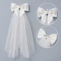 Elegant white satin bridal bow veil with BRIDE pearl lettering decoration and metal hair clip - BRIDE Rhinestone Satin Bow Veil (HS-J7462)