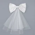 Elegant French style sweet white satin bow hair veil with pearls for bridal wedding party - Pearl Satin Large Bow Layered Veil (HS-J7488)