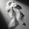 Elegant white tulle bow bridal veil with delicate pearl details for wedding hair style. - Pearl Dotted Tulle Large Bow (HS-J7559)