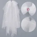 French style white bridal veil headpiece with pink heart crystal and elegant ribbon bows - Pink Heart Rhinestone Bow Comb Veil (HS-J7182WHITE)