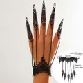 Bracciale a artiglio in pizzo nero punk gotico con anelli e catene per Halloween - Nero (2485)