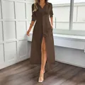 Robe chemise maxi à manches longues marron café avec fente latérale pour les vacances - S / Marron