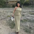 Elegant olive green one-shoulder ruched slim fit maxi dress with single sleeve detail - XL / Green