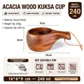 Natural handcrafted acacia wood handle mug 240ml capacity with durable leather strap - 240ml / Round Belly Mug With Handle