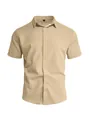 Men's khaki short-sleeved button-down casual shirt with textured fabric - Khaki