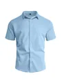 Elegant casual light blue short sleeve men's button-up shirt in textured cotton fabric - Light Blue